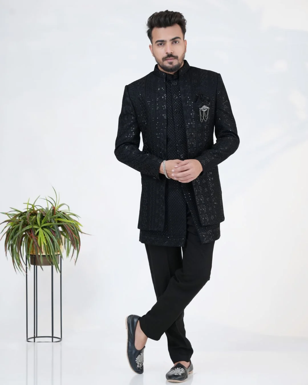 Elegant Men's Black Embroidered Indowestern Set