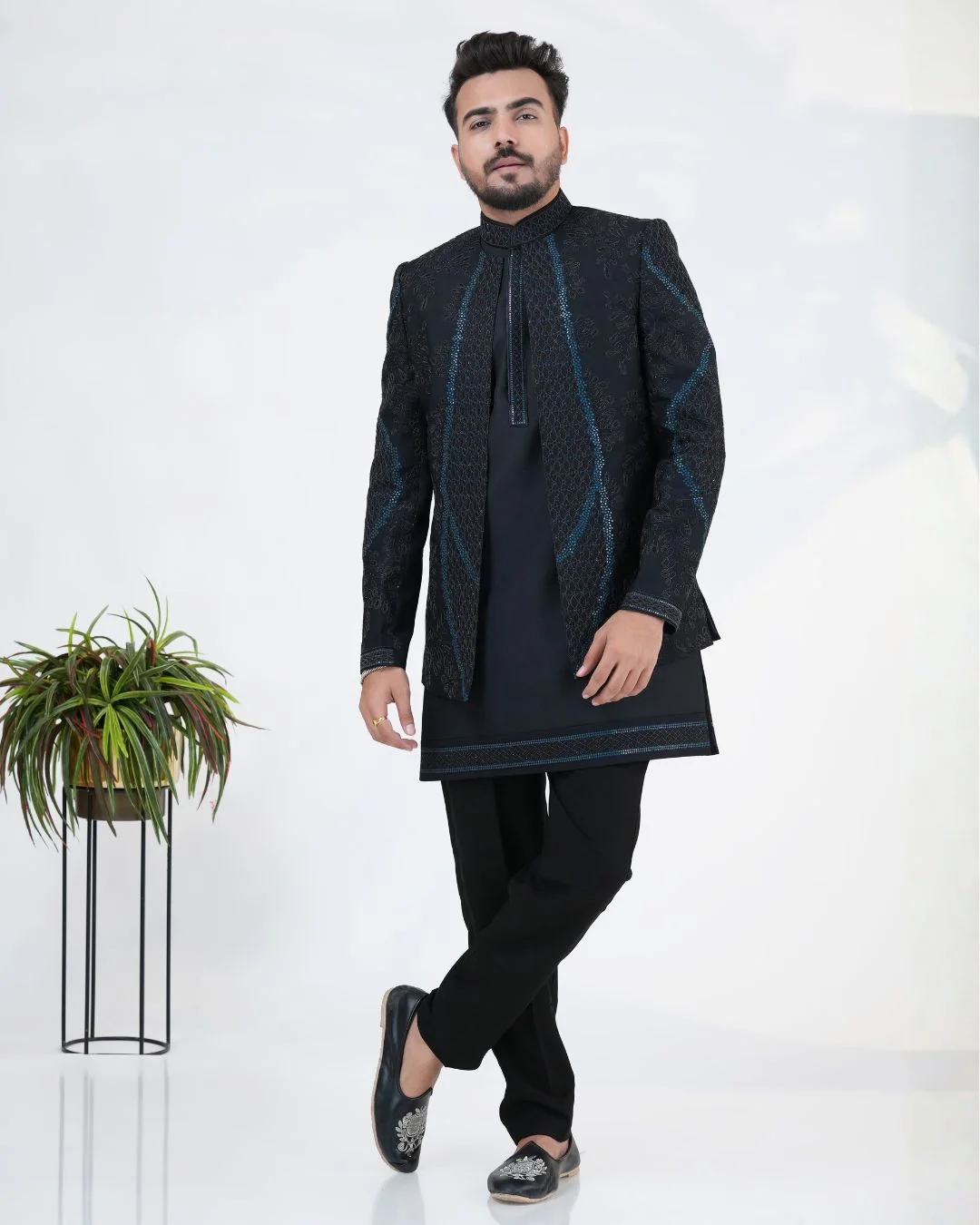 Men's Black Silk Jacket-Style Indowestern Set