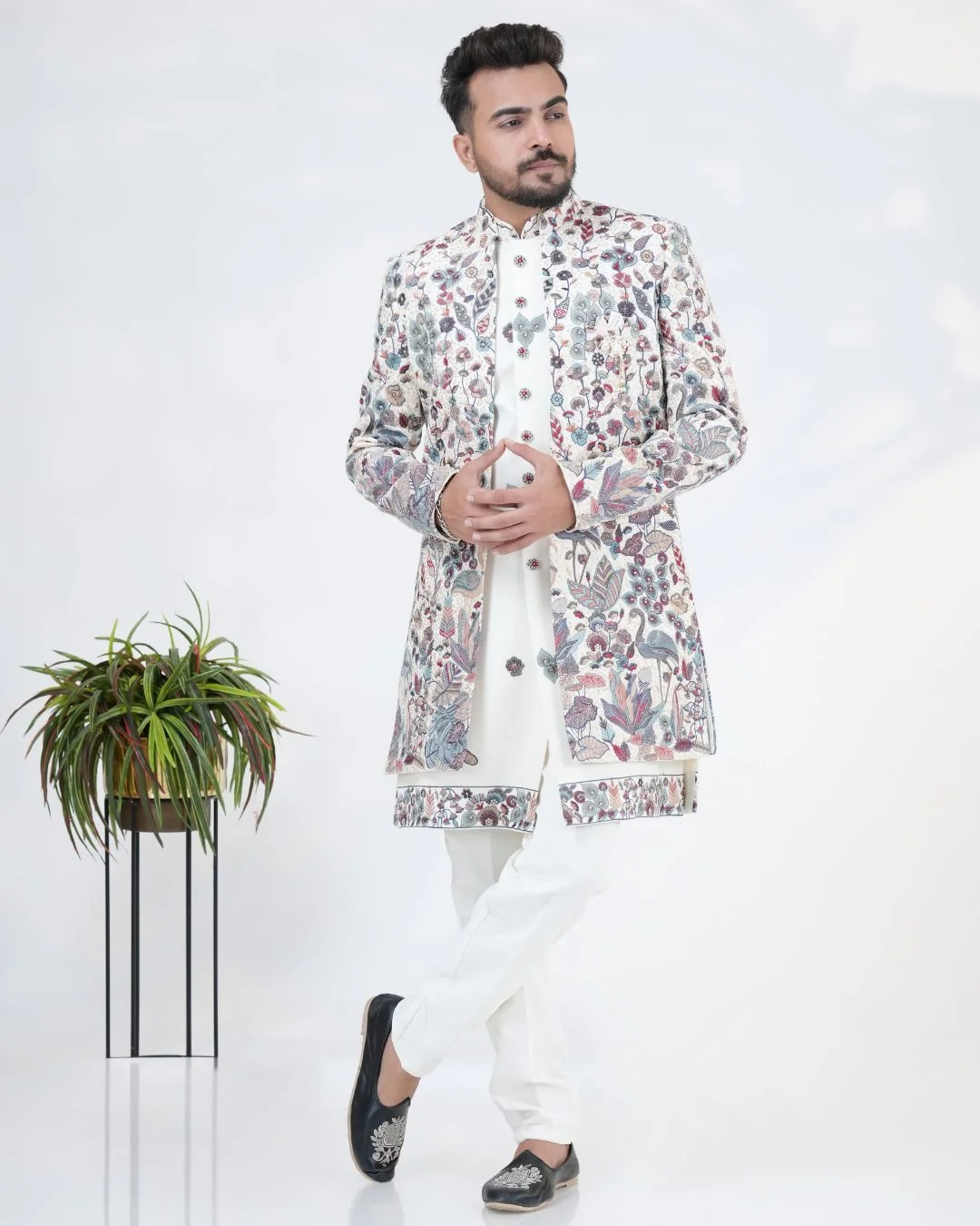 Designer Cream Velvet Indowestern Set With Embroidery