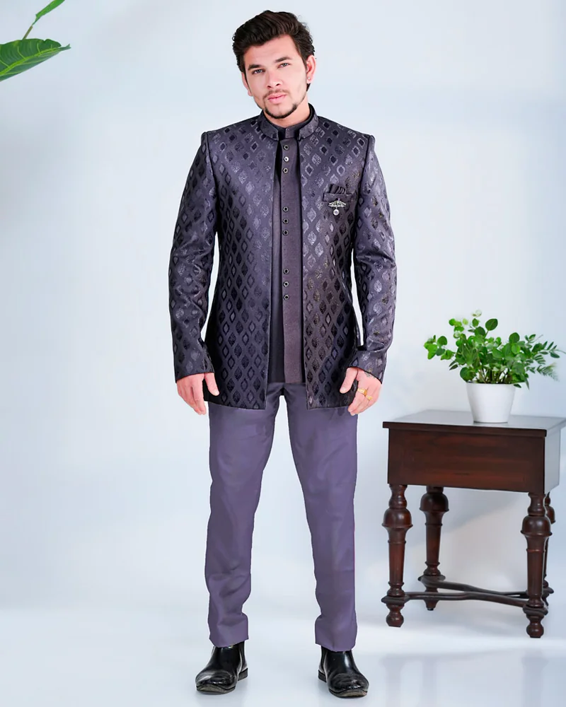 Purple Jacquard Jodhpuri Suit for Men