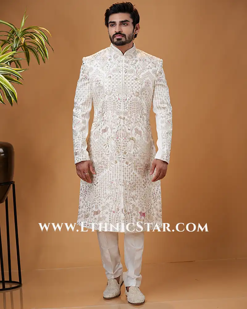 Designer Cream Embroidered Sherwani