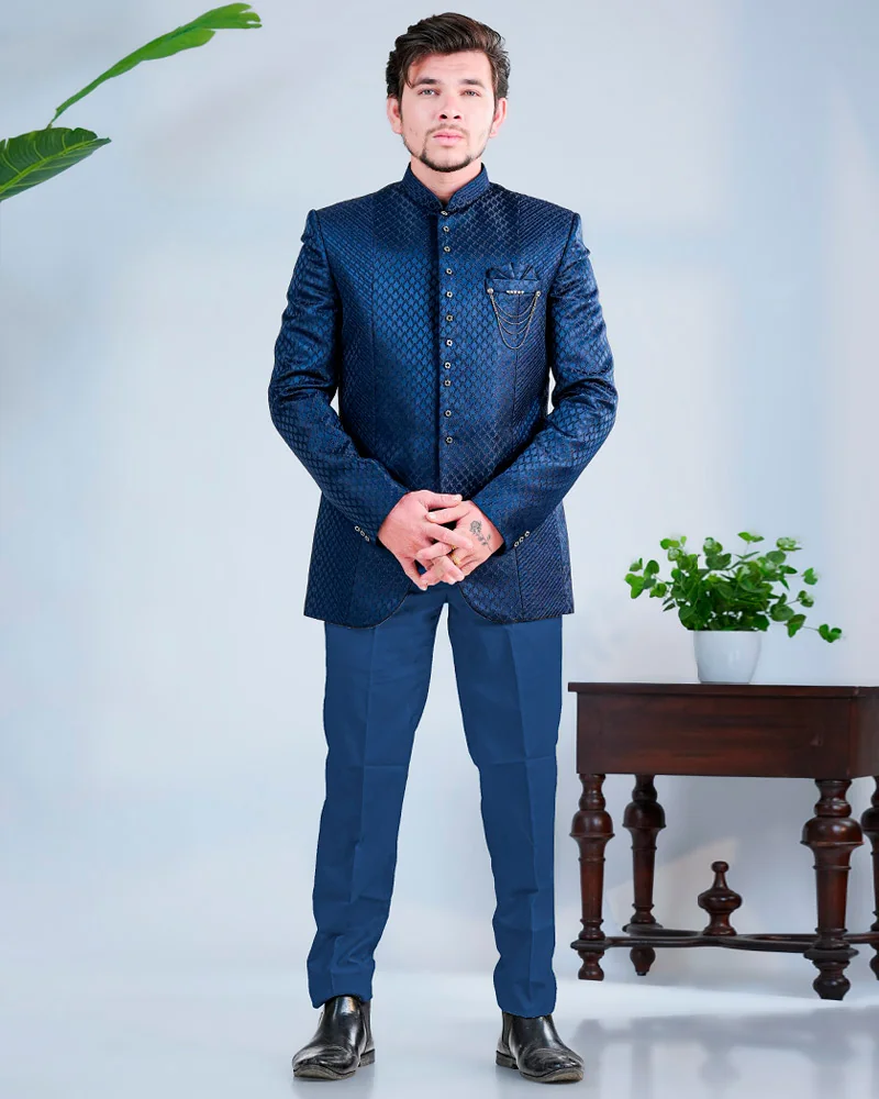 Blue Textured Jodhpuri Suit for Men
