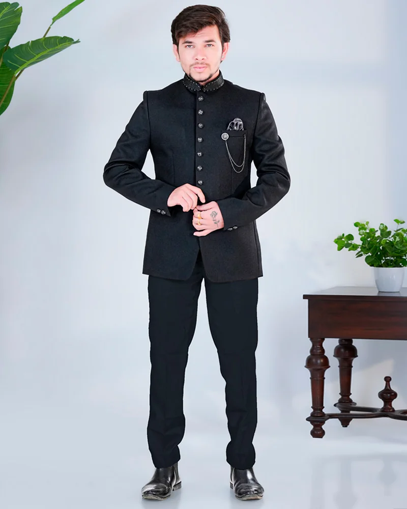 Black Imported Jodhpuri Suit with Fancy Buttons