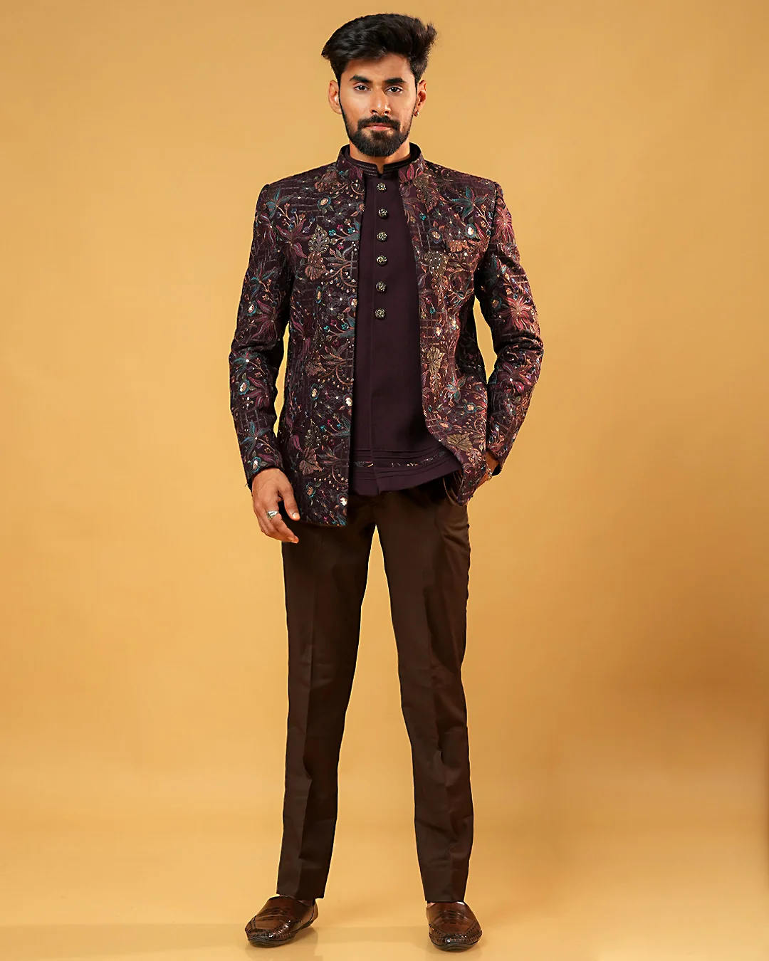 Wine Velvet Jodhpuri Suit with Thread Work