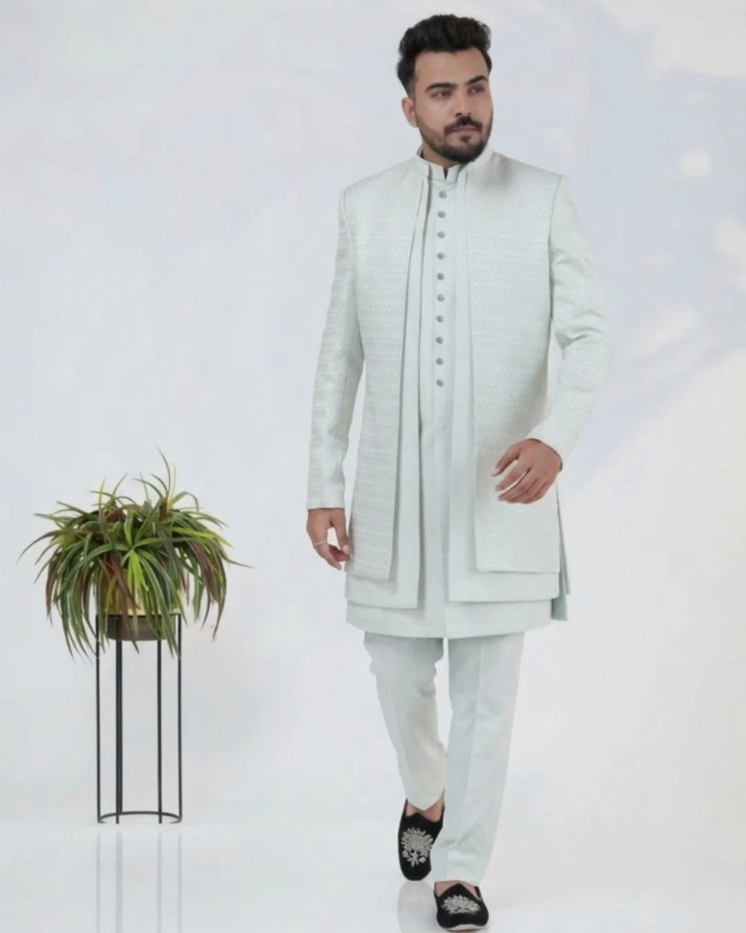 Pista Green Silk Indowestern Set with Embroidery