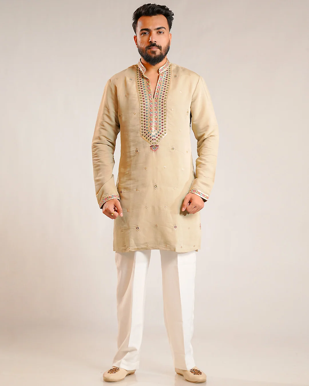 Beige Silk Embroidered Kurta Only