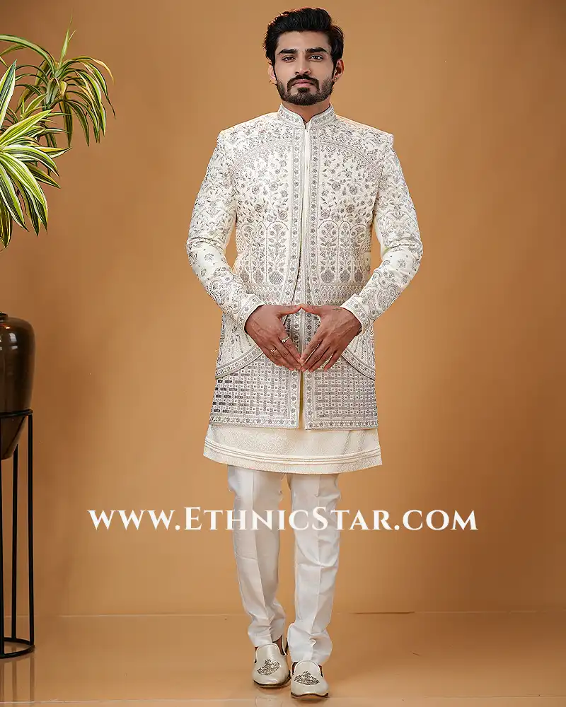 Thread Embroidered Cream Silk Indowestern Set