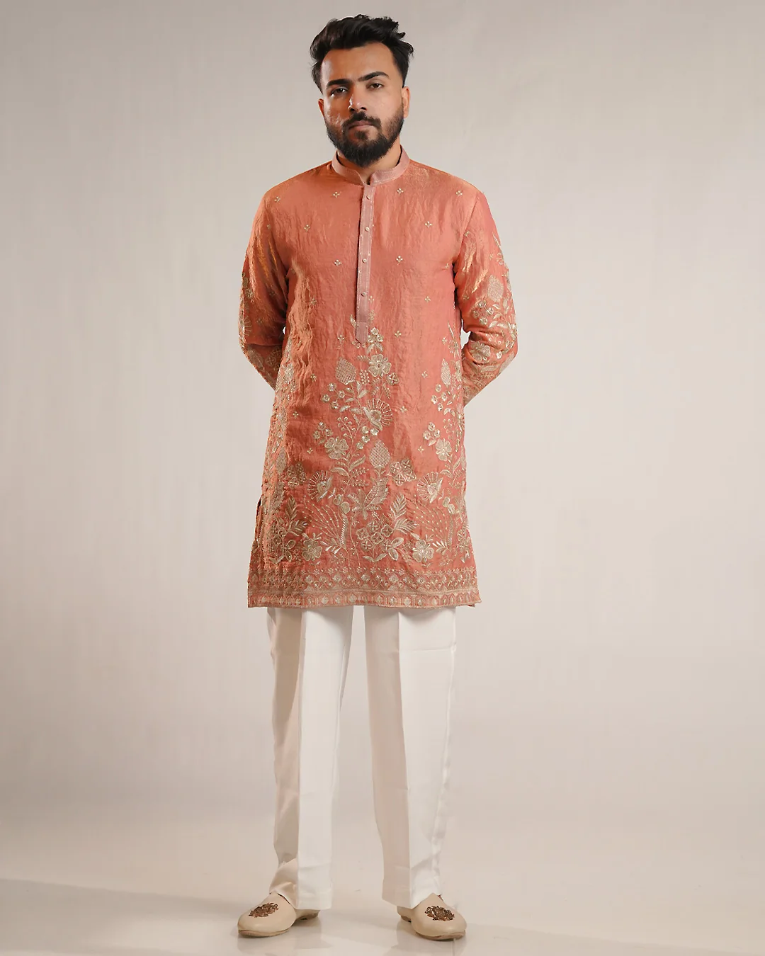 Men’s Orange Tissue Kurta with Embroidery