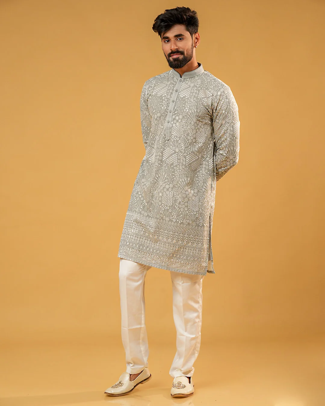 Grey Silk Embroidered Kurta Pajama
