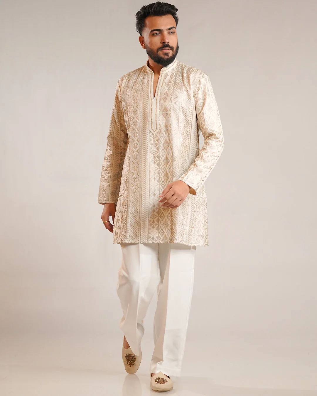 Cream Designer Silk Kurta Pajama For Men
