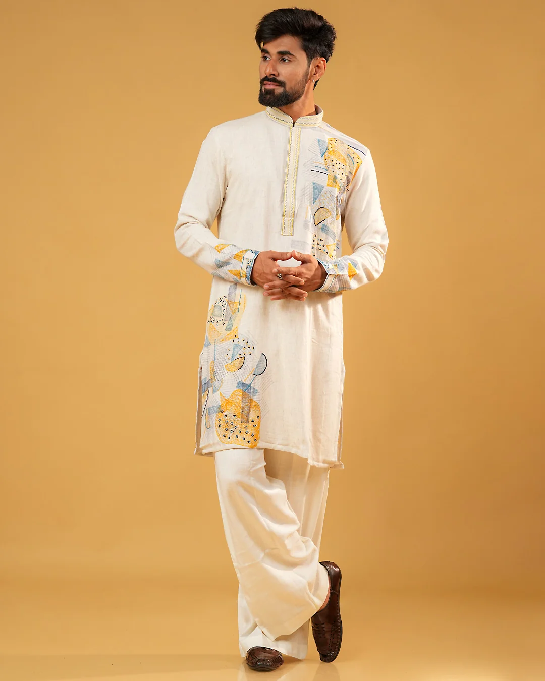 Beige Printed Cotton Kurta Pajama