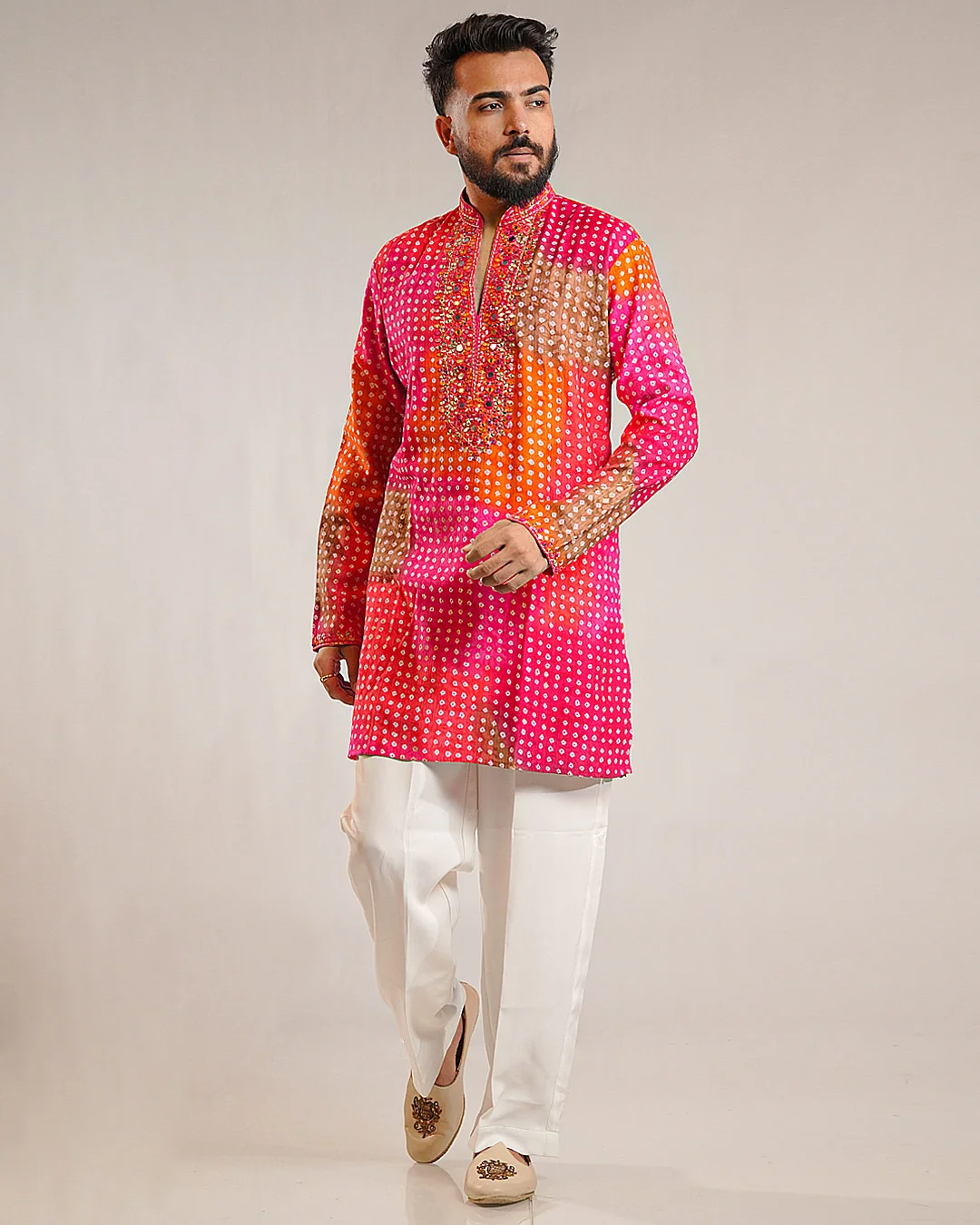 Men’s Bandhani Print Silk Short Kurta with Mirror Work