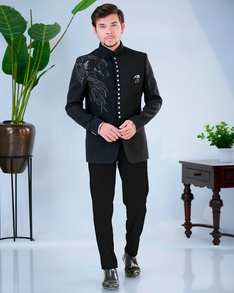 Black Horse Embroidered Jodhpuri Suit for Men