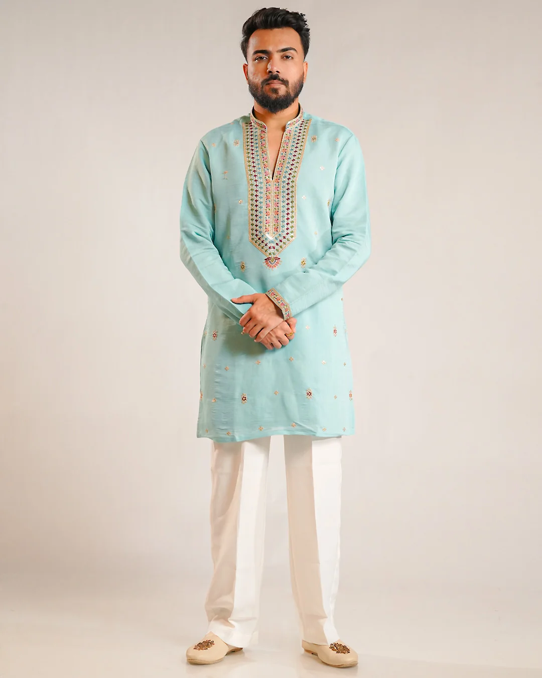 Sky Blue Designer Silk Kurta with Embroidery