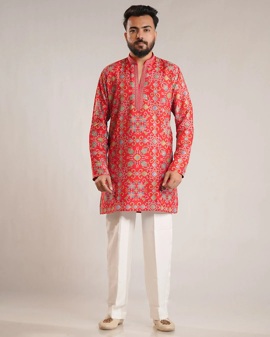 Men’s Red Embroidered Silk Kurta Set
