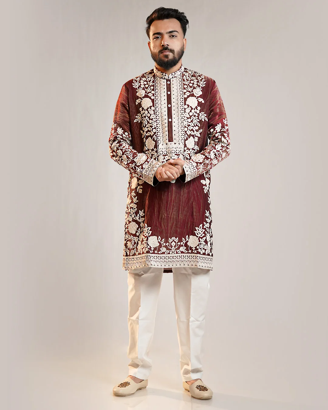 Men’s Wine Embroidered Kurta Pajama Set