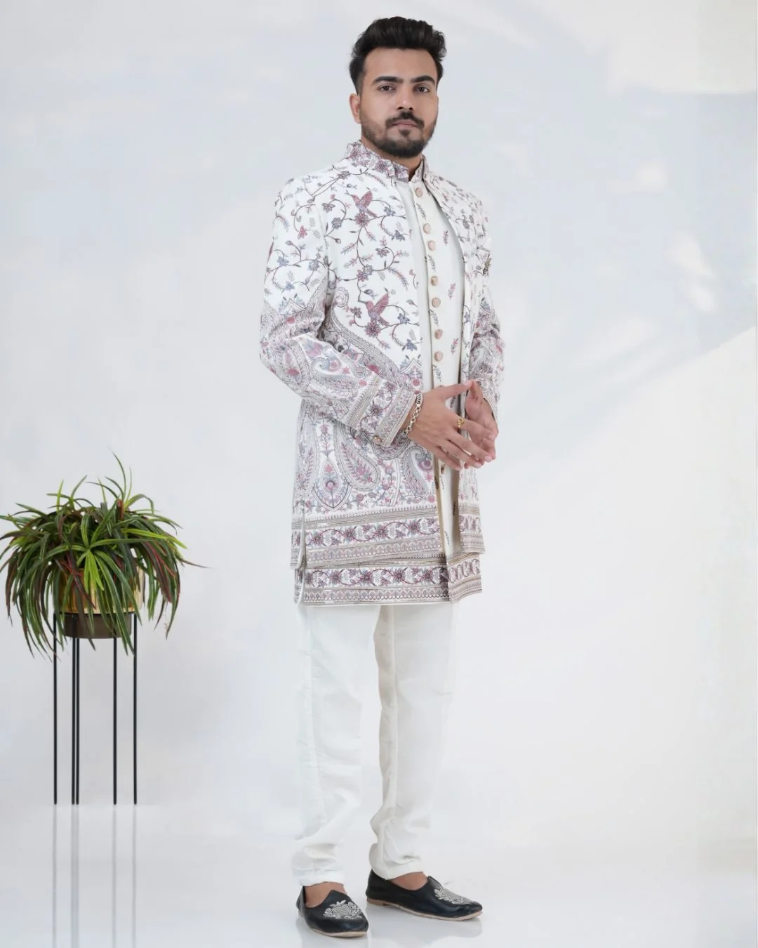 Men's Cream Velvet Indowestern Set With Embroidered Jacket