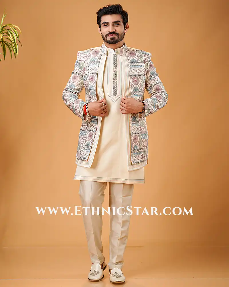 Cream Silk Indowestern Set with Embroidery