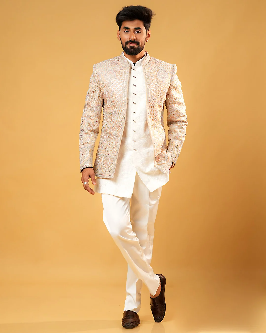 Peach Embroidered Silk Indowestern Set