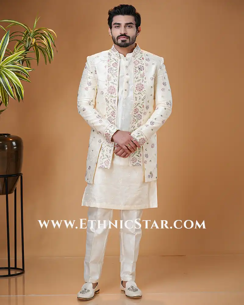 Cream Silk Indowestern Set with Floral Embroidery