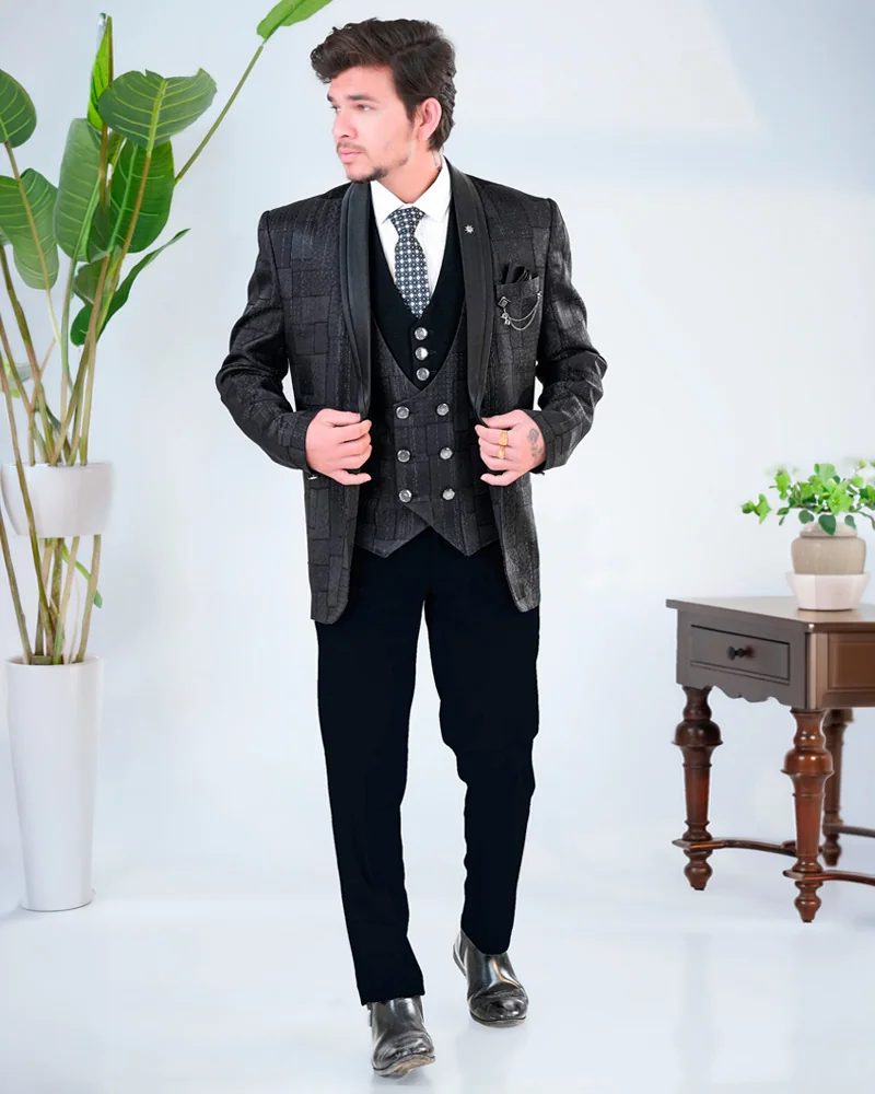 Black Imported Fabric Suit with Fancy Buttons