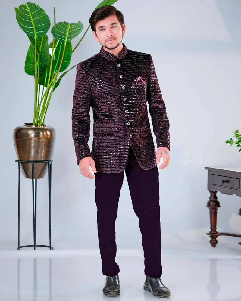 Wine Velvet Designer Jodhpuri Suit for Men
