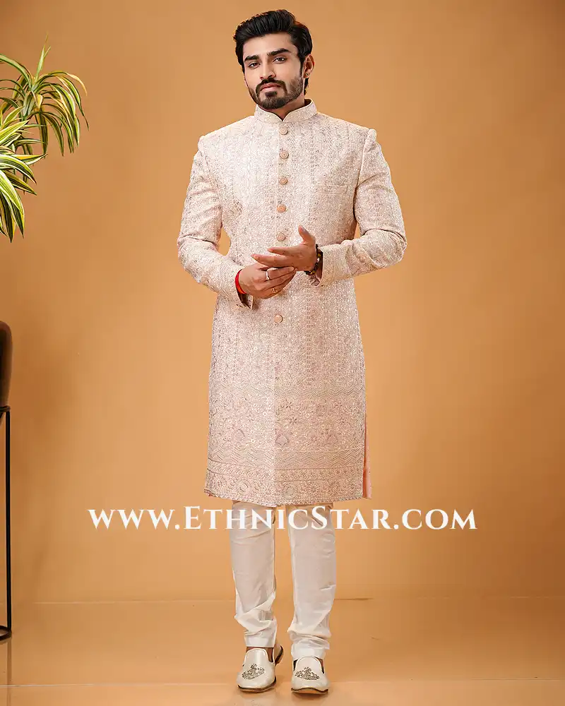 Embroidered Pink Silk Indowestern Set