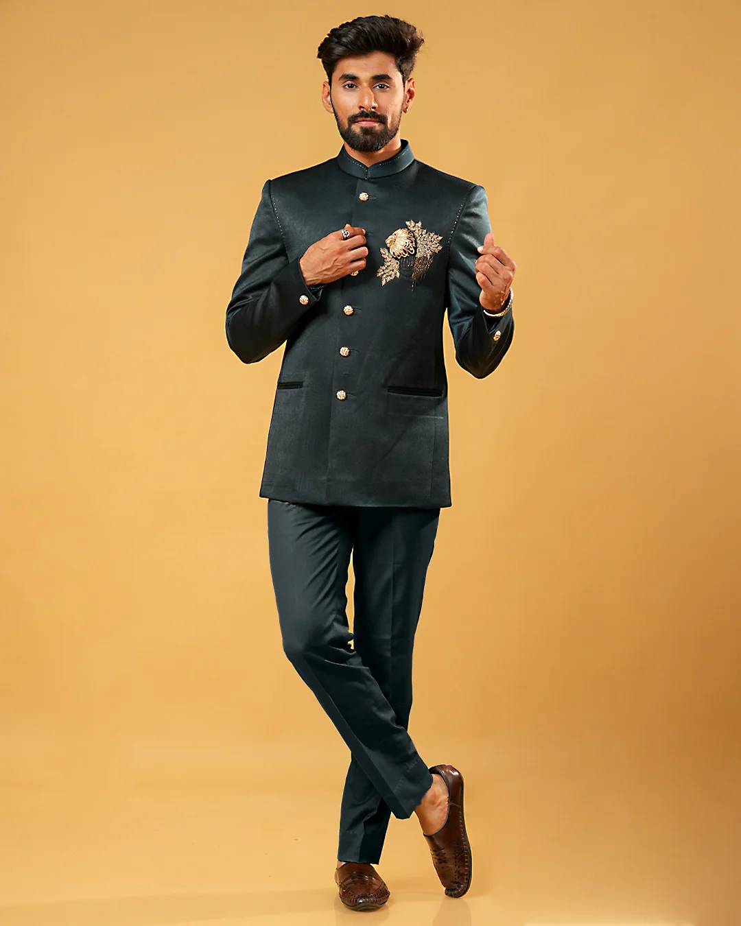 Rama Green Jodhpuri Suit with Gold Stone Work