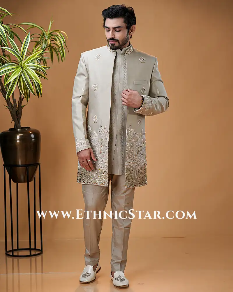 Groom's Beige Silk Indowestern