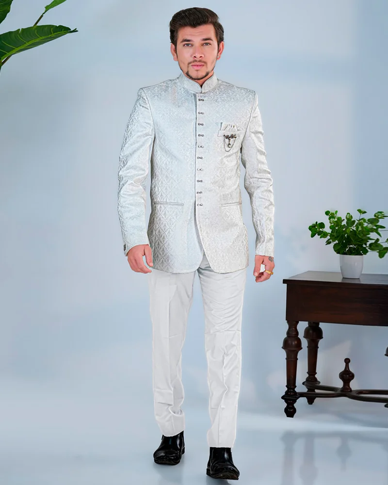 Cream Jacquard Jodhpuri Suit for Men