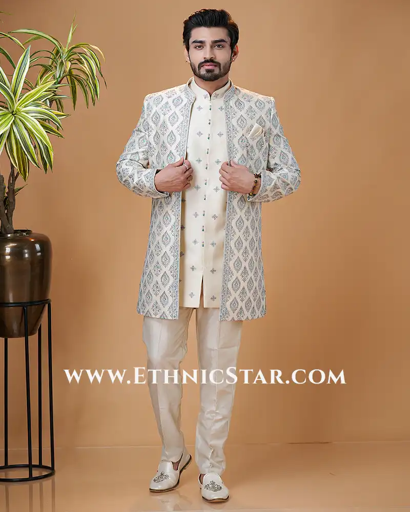 Cream Silk Indowestern For Groom