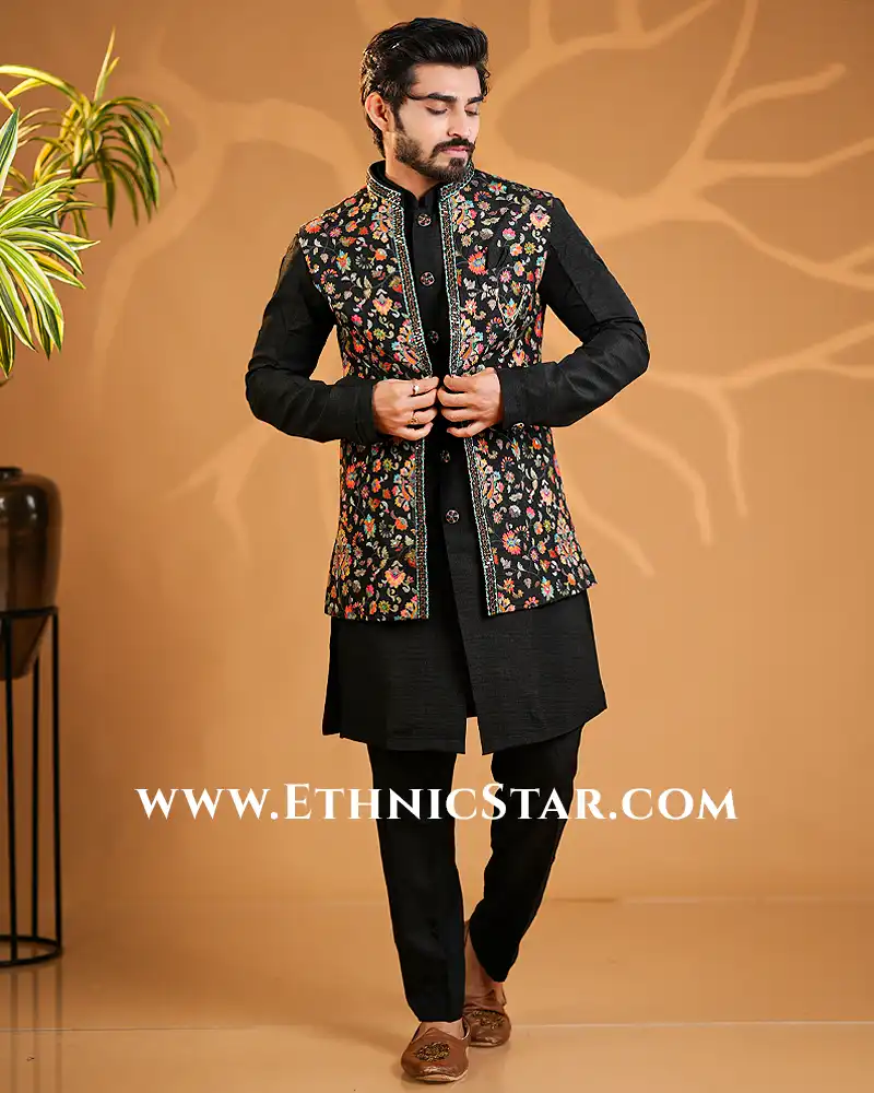 Black Silk Koti Set with Mirror Work & Floral Embroidery