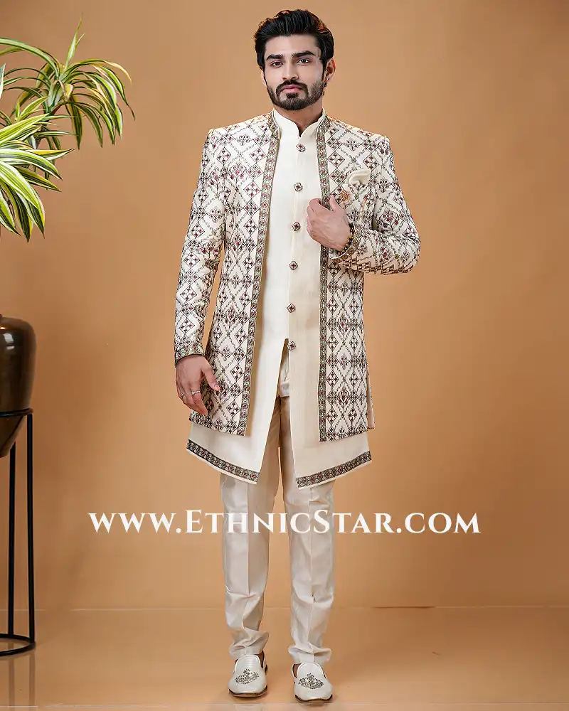 Designer Cream Silk Indowestern Set