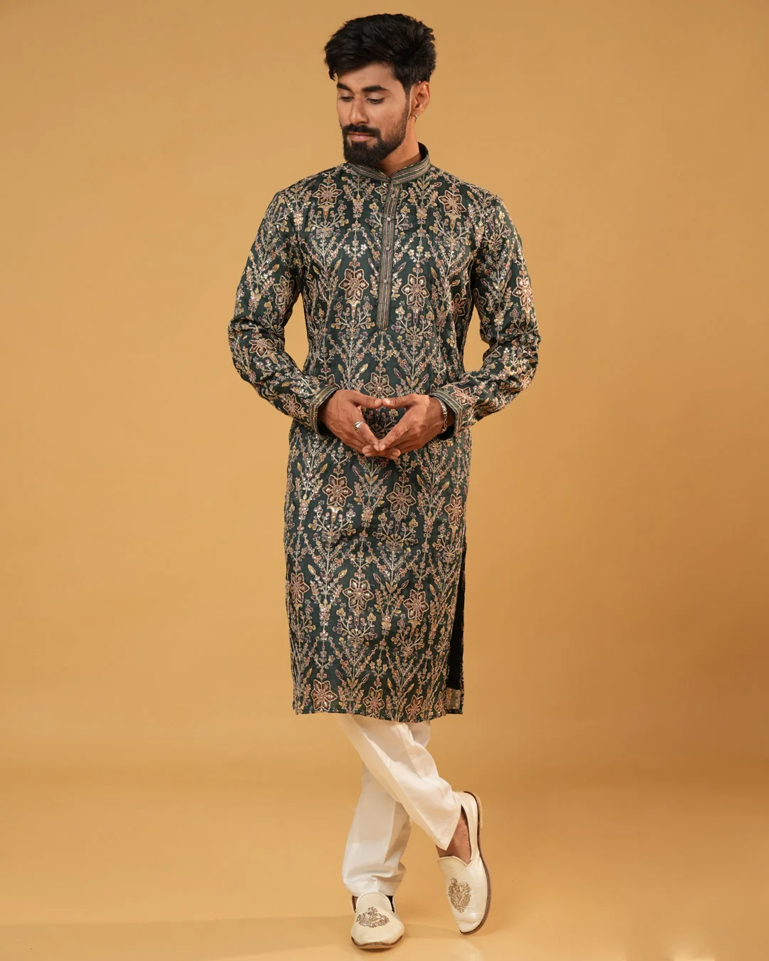 Green Silk Kurta with Floral Embroidery