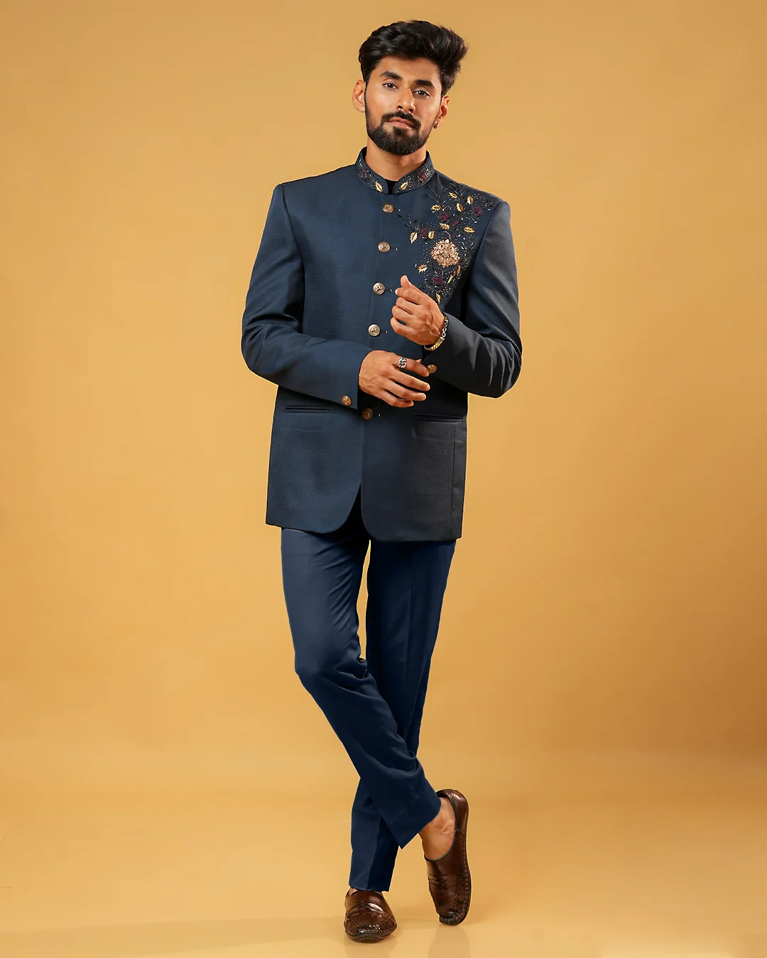 Premium Rama Jodhpuri Suit with Floral Thread Work