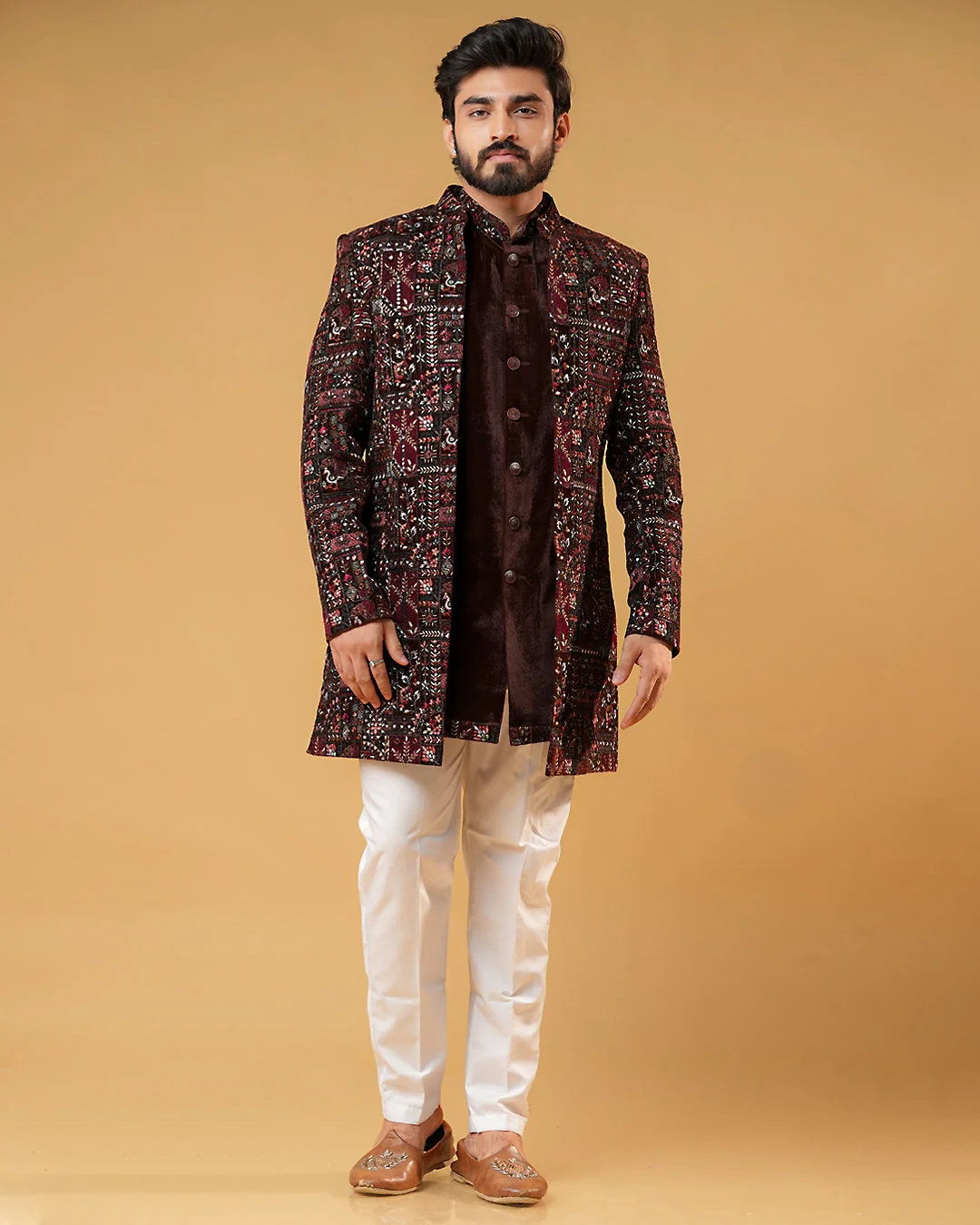 Brown Velvet Indowestern Jacket with Embroidery