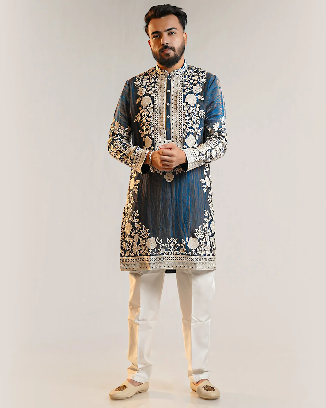 Men’s Blue Tissue Fabric Kurta with Floral Embroidery