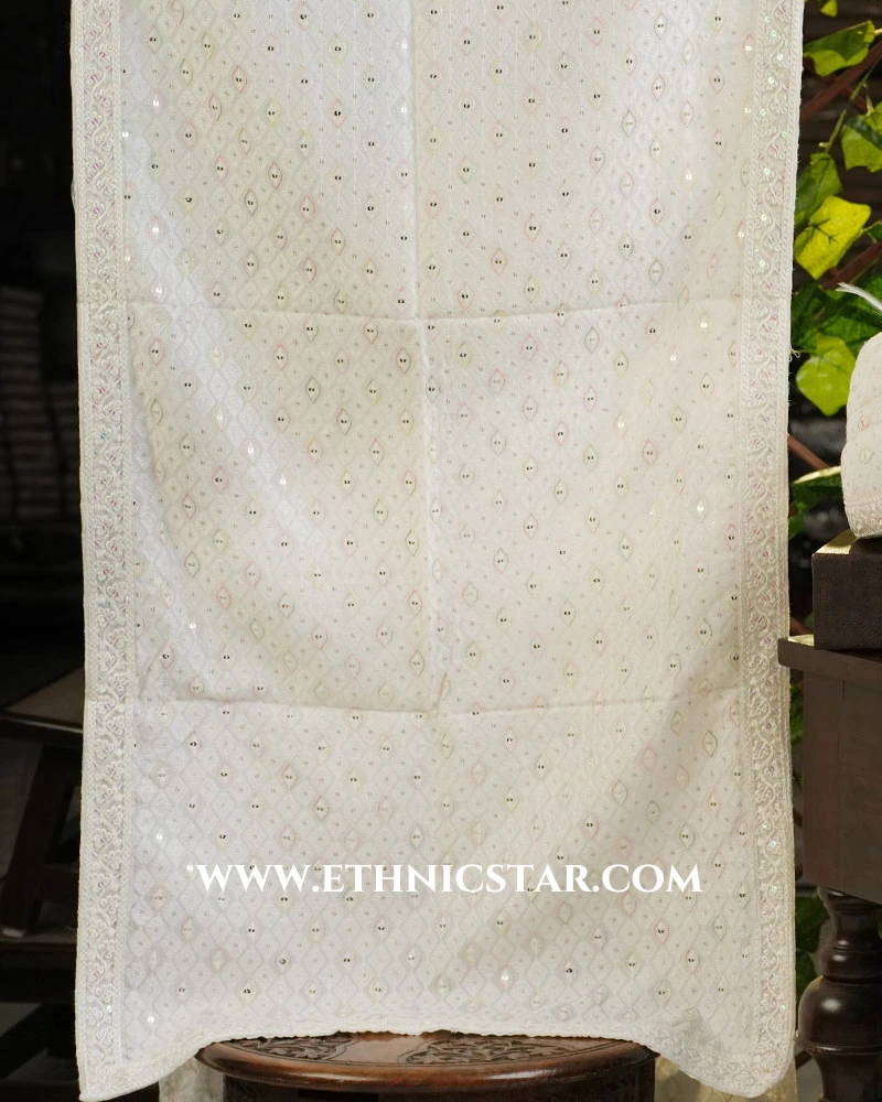 Groom’s White Lucknowi Dupatta With Sequin Work