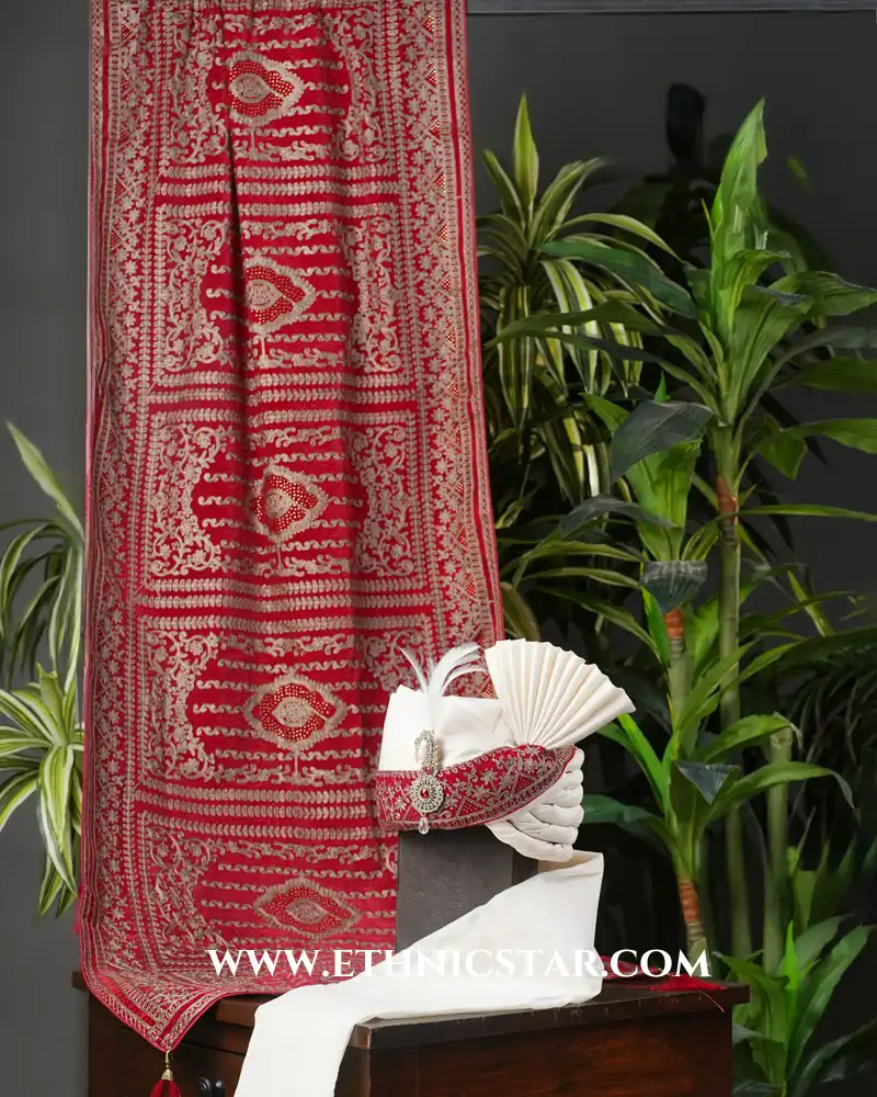 Cream Chanderi Turban with Red Velvet Dupatta