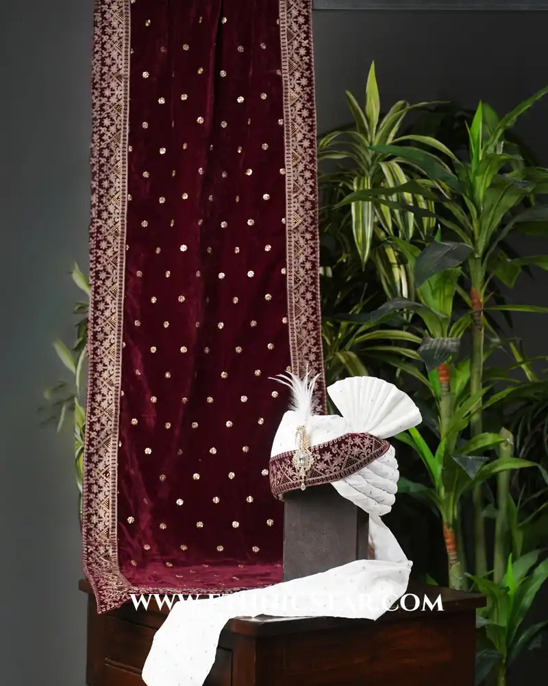 White Safa And Dark Maroon Dupatta