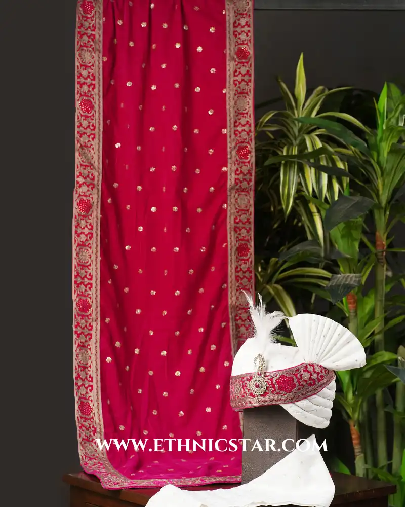 White And Rani Embroidered Safa And Dupatta Set