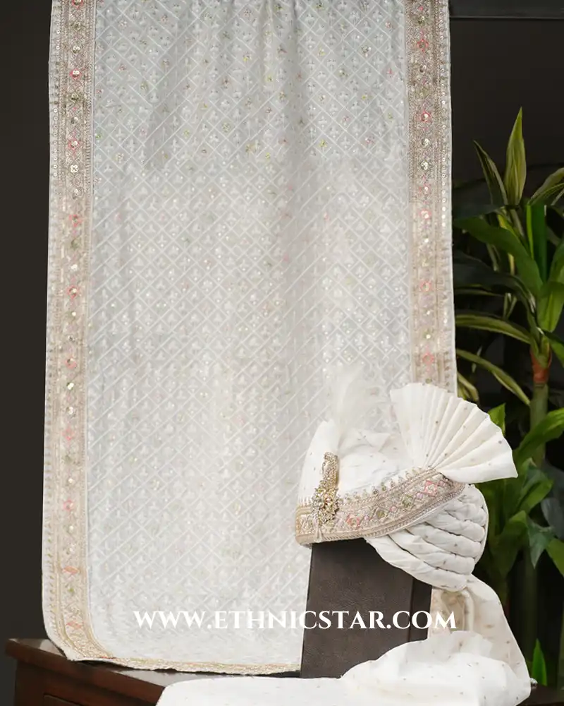 White Chanderi Fabric Turban And Dupatta Set
