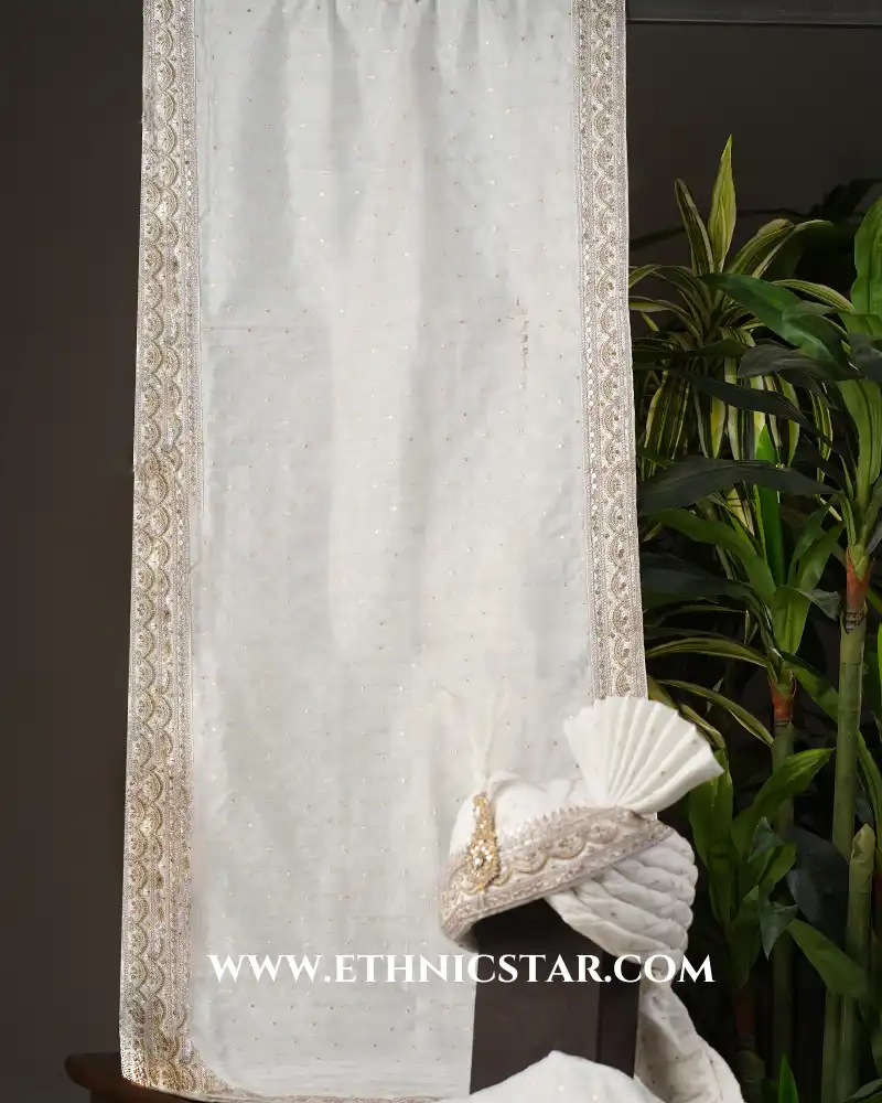 Groom Wear White Embroidered Safa And Dupatta