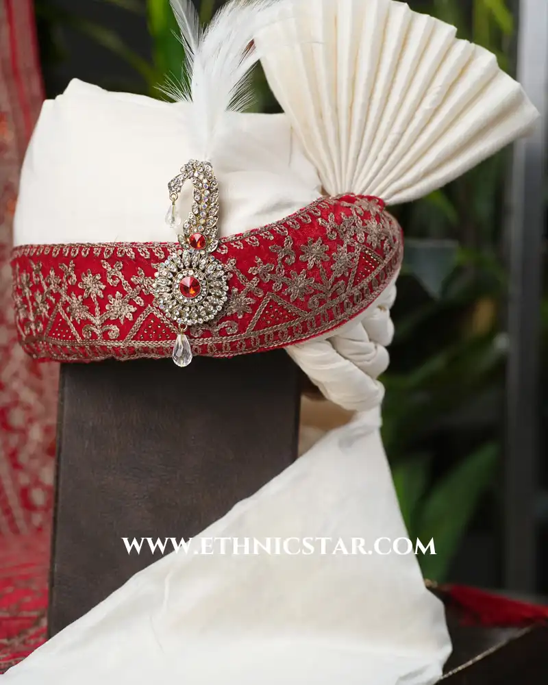 Groom's Thread Embroidered Turban In White And Red