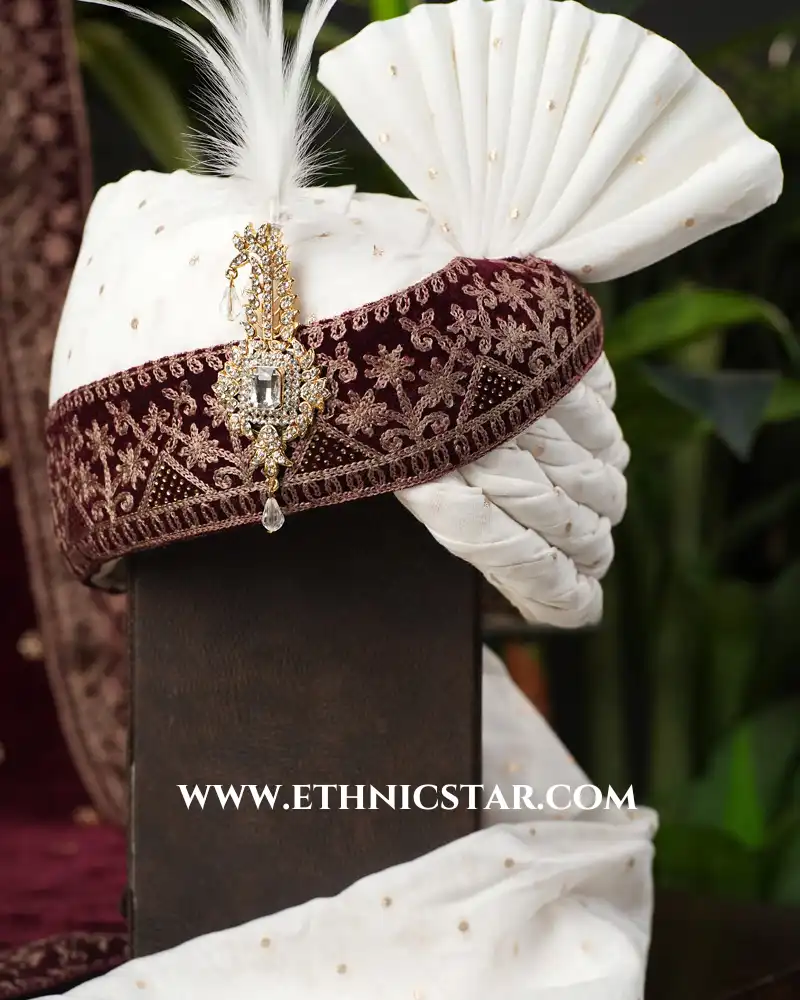 White And Maroon Thread Embroidered Turban For Groom