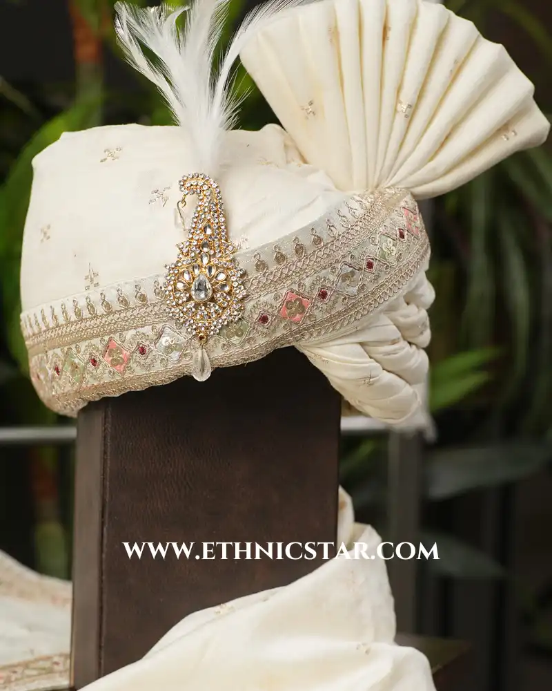 Wedding Wear Cream Turban With Thread Embroidered