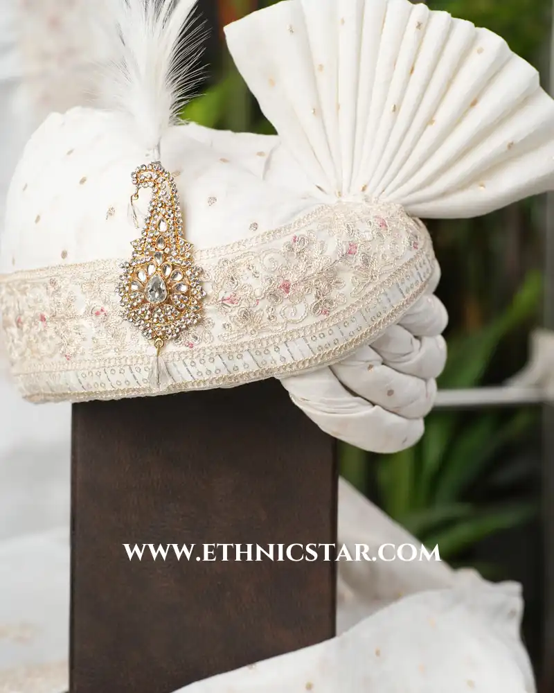 Embroidered Wedding Safa In Off White Color