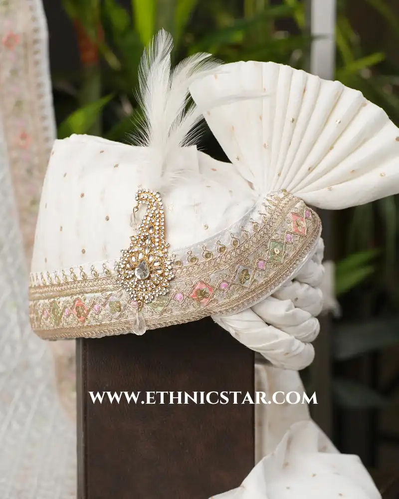 Stylish Chanderi Fabric White Turban For Groom