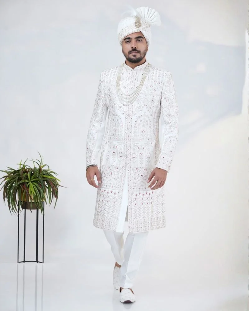White Silk Thread Embroidered Sherwani
