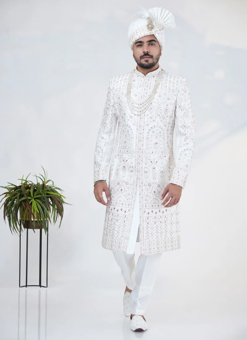 White Silk Thread Embroidered Sherwani